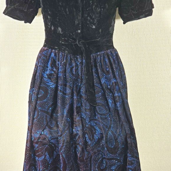 Jessica McClintock Gunne Sax Dress 12 Black Crushed Velvet Blue Prom Cocktail - Picture 9 of 12